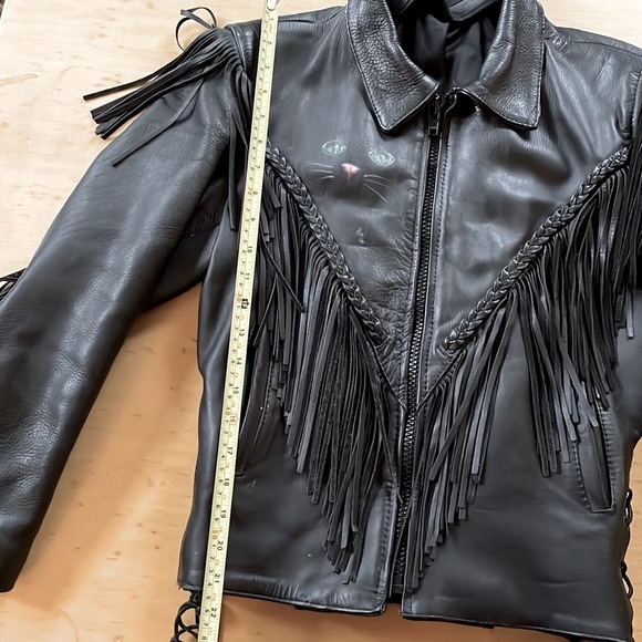 Leather Jacket w/ Hand Painted Cat Black Fringe Motorcycle Western Vintage Small - Picture 9 of 16